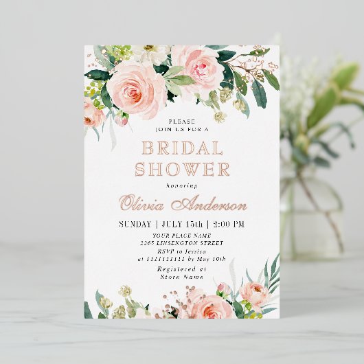 Roze Bloemen Waterverf Bruiloft Shower Goud Folie Uitnodiging (Staand Voorkant)