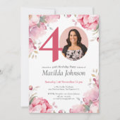 Roze Bloemen Waterverf Custom Foto 40e Verjaardag Kaart (Voorkant)