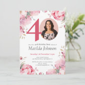 Roze Bloemen Waterverf Custom Foto 40e Verjaardag Kaart (Staand voorkant)