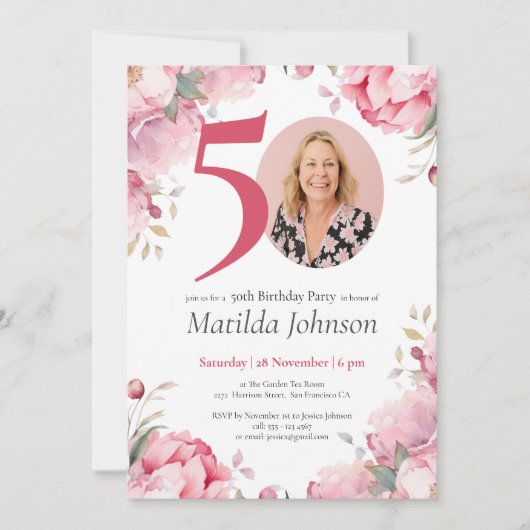 Roze Bloemen Waterverf Custom Foto 50e Verjaardag Kaart (Voorkant)