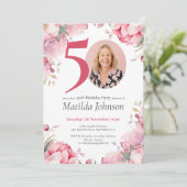 Roze Bloemen Waterverf Custom Foto 50e Verjaardag Kaart (Staand voorkant)