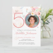 Roze Bloemen Waterverf Custom Foto 50e Verjaardag Kaart (Staand voorkant)