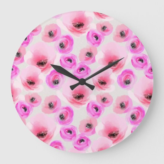 Roze Bloemen Waterverf Digitale Kunst Grote Klok (Voorkant)