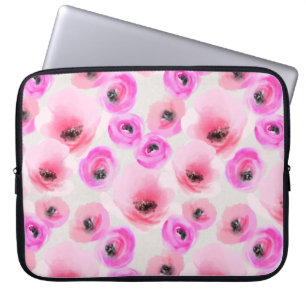 Roze Bloemen Waterverf Digitale Kunst Laptop Sleeve