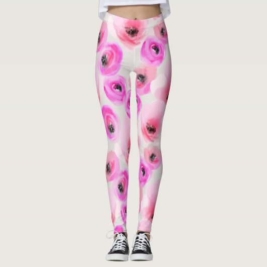 Roze Bloemen Waterverf Digitale Kunst Leggings (Voorkant)