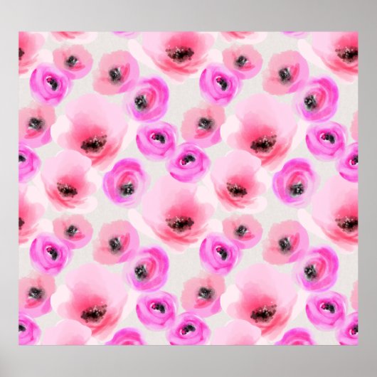 Roze Bloemen Waterverf Digitale Kunst Poster (Voorkant)