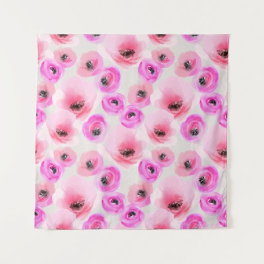 Roze Bloemen Waterverf Digitale Kunst Wandkleed (Voorkant)