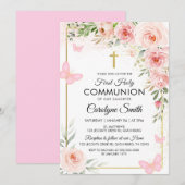 Roze Bloemen Waterverf Eerste Heilige Communie Kaart (Voorkant / Achterkant)