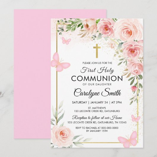 Roze Bloemen Waterverf Eerste Heilige Communie Kaart (Voorkant / Achterkant)
