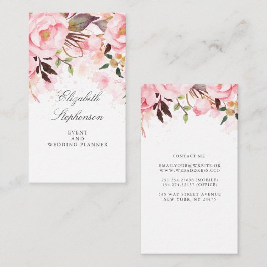 Roze Bloemen Waterverf Elegant en Modern Visitekaartje (Voorkant / Achterkant)