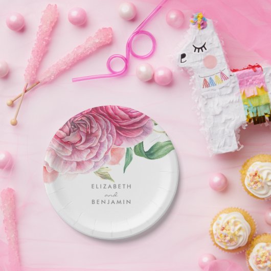 Roze Bloemen Waterverf Elegante Botanische Huwelij Papieren Bordje (Feest)