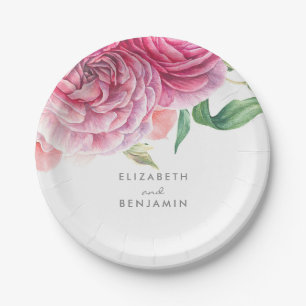 Roze Bloemen Waterverf Elegante Botanische Huwelij Papieren Bordje