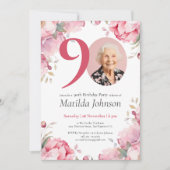 Roze Bloemen Waterverf Foto 90ste Verjaardagsfeest Kaart (Voorkant)