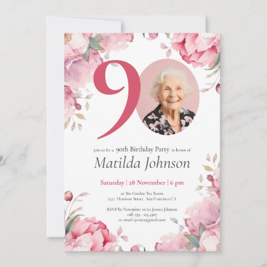 Roze Bloemen Waterverf Foto 90ste Verjaardagsfeest Kaart (Voorkant)