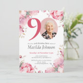 Roze Bloemen Waterverf Foto 90ste Verjaardagsfeest Kaart (Staand voorkant)