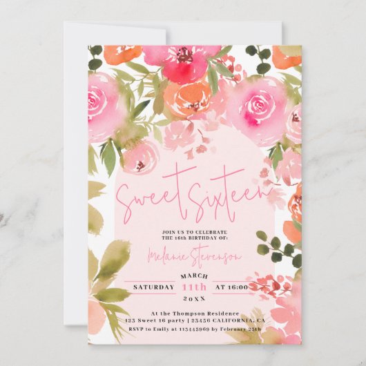  roze bloemen waterverf foto chique Sweet 16 Kaart (Voorkant)