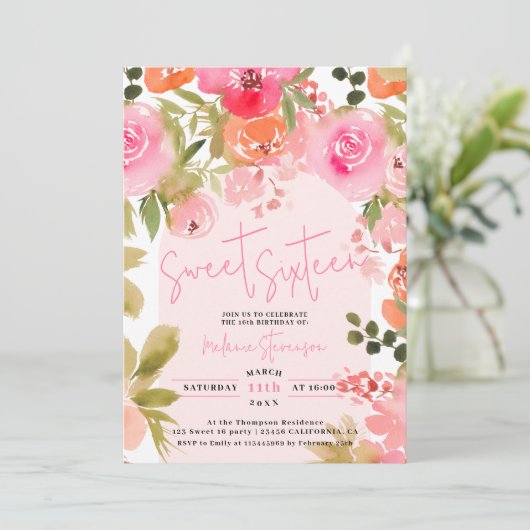  roze bloemen waterverf foto chique Sweet 16 Kaart (Staand voorkant)