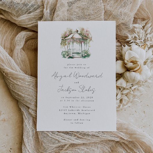Roze Bloemen Waterverf Gazebo Bruiloft Uitnodiging