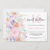 Roze bloemen waterverf glitter Sweet 16 foto Kaart (Voorkant)