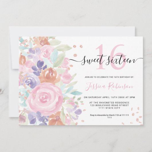 Roze bloemen waterverf glitter Sweet 16 foto Kaart (Voorkant)