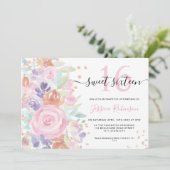 Roze bloemen waterverf glitter Sweet 16 foto Kaart (Staand voorkant)