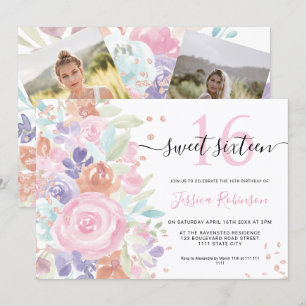 Roze bloemen waterverf glitter Sweet 16 foto Kaart