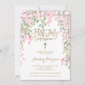 Roze bloemen waterverf goud Eerste Heilige Communi Kaart (Voorkant)