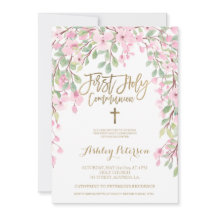 Roze bloemen waterverf goud Eerste Heilige Communi