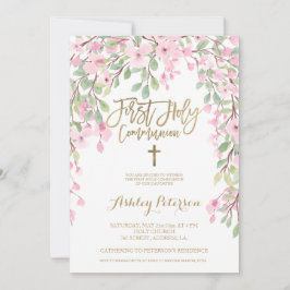 Roze bloemen waterverf goud Eerste Heilige Communi Kaart