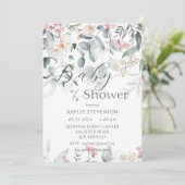 Roze Bloemen Waterverf Groen Baby shower Kaart (Staand voorkant)