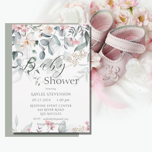 Roze Bloemen Waterverf Groen Baby shower Kaart