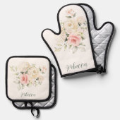 Roze Bloemen Waterverf groen Script personaliseren Ovenwant & Pannenlap Set (Voorkant / Achterkant)