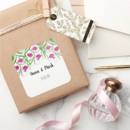Roze Bloemen Waterverf Handbeschilderd Vierkante Sticker