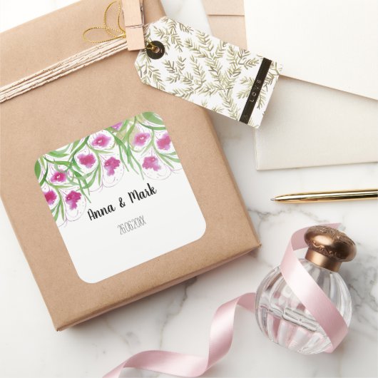 Roze Bloemen Waterverf Handbeschilderd Vierkante Sticker (Geschenken)
