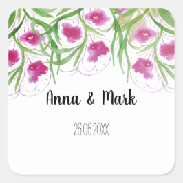 Roze Bloemen Waterverf Handbeschilderd Vierkante Sticker