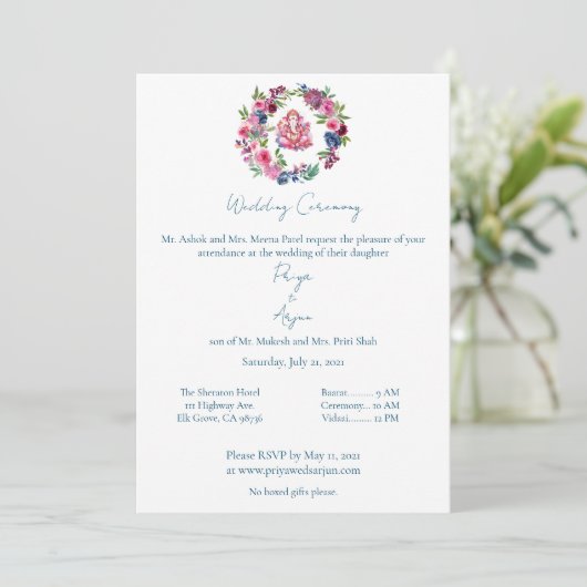 Roze Bloemen Waterverf Hindu Ganesh Bruiloft Kaart (Staand voorkant)