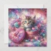 Roze Bloemen Waterverf kitten in doos Valentijn Feestdagenkaart (Voorkant)