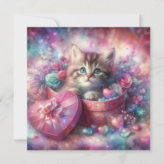 Roze Bloemen Waterverf kitten in doos Valentijn Feestdagenkaart (Voorkant)