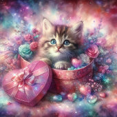 Roze Bloemen Waterverf kitten in doos Valentijn Feestdagenkaart