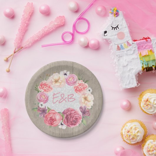 Roze Bloemen Waterverf Krans Rustiek Hout Wedding Papieren Bordje (Feest)