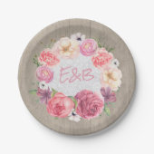 Roze Bloemen Waterverf Krans Rustiek Hout Wedding Papieren Bordje (Voorkant)
