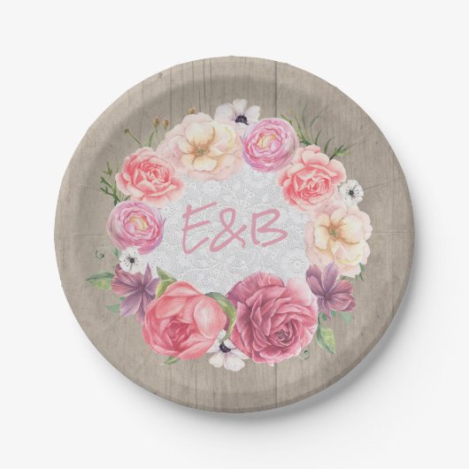 Roze Bloemen Waterverf Krans Rustiek Hout Wedding Papieren Bordje (Voorkant)