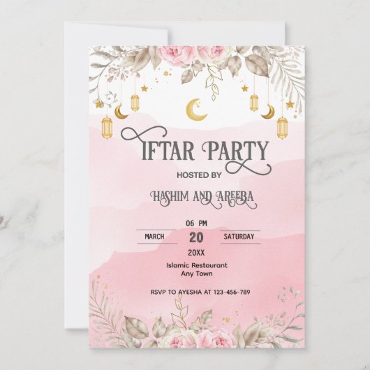 Roze Bloemen Waterverf Lantaarn Iftar Uitnodiging (Voorkant)