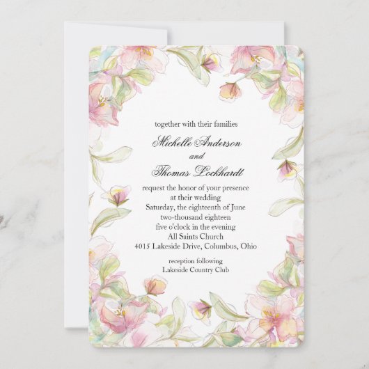 Roze Bloemen Waterverf Lijst Kaart (Voorkant)