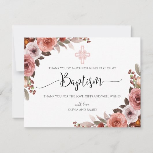 Roze Bloemen Waterverf Meisje Doop Dank u Bedankkaart (Voorkant)