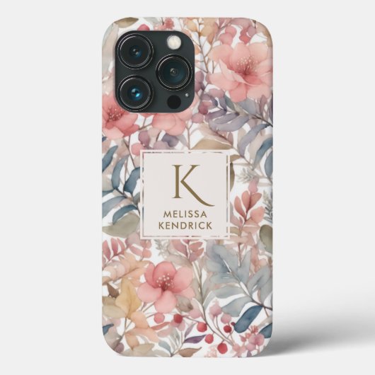  Roze Bloemen Waterverf Monogram Naam Case-Mate iPhone Case (Achterkant)