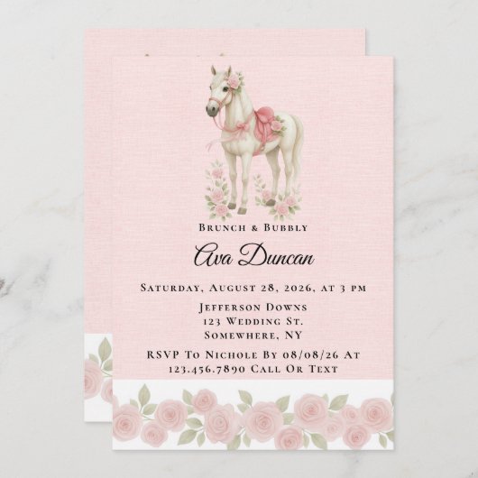 Roze Bloemen Waterverf Paard Brunch & Bubbly Kaart (Voorkant / Achterkant)