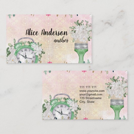 Roze Bloemen waterverf Pastel Delicaat Script Visitekaartje (Voorkant / Achterkant)