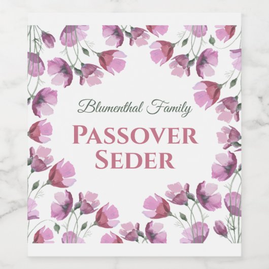 Roze Bloemen Waterverf Pesach Passover Wijn Etiket (Enkel label)