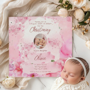 Roze Bloemen Waterverf Portret Doop Kaart